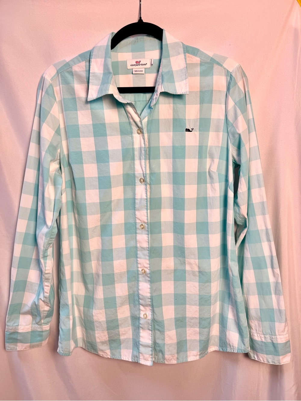 Vineyard Vines Women’s Gingham Button Down Shirt Aqua Teal White Size 10